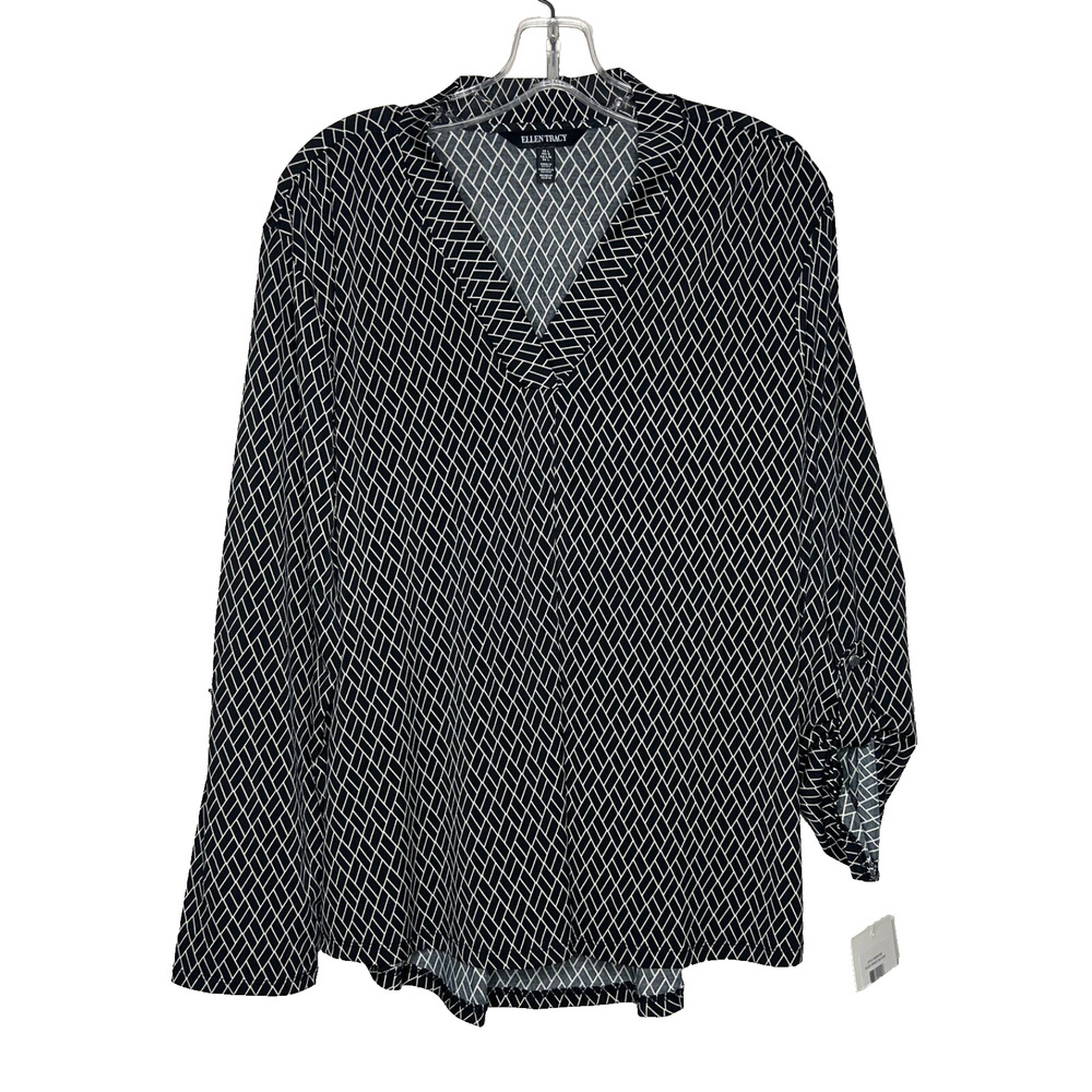 Ellen Tracy Geometric V-Neck Blouse Black Ivory